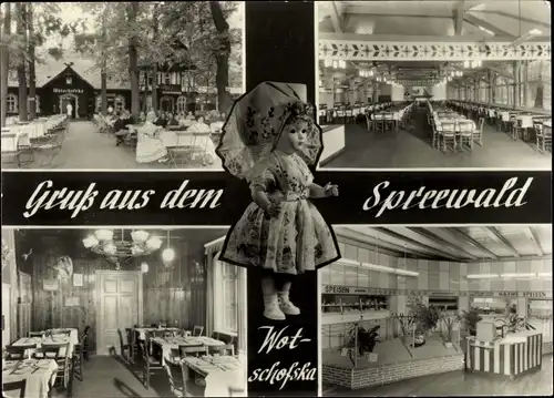 Ak Lübbenau im Spreewald, HOG Wotschofska, Puppe in Tracht, Innenansicht