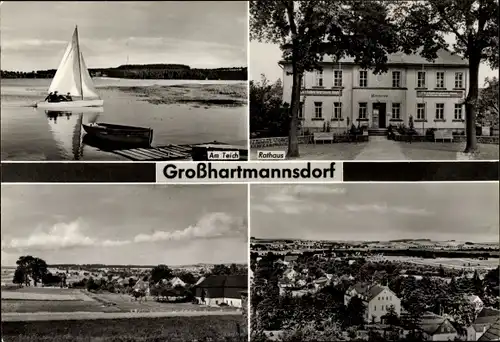 Ak Großhartmannsdorf im Erzgebirge, Am Teich, Rathaus, Panorama, Teilansicht