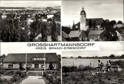 Ak Großhartmannsdorf im Erzgebirge, Ortsansicht, Badestelle, Kirche