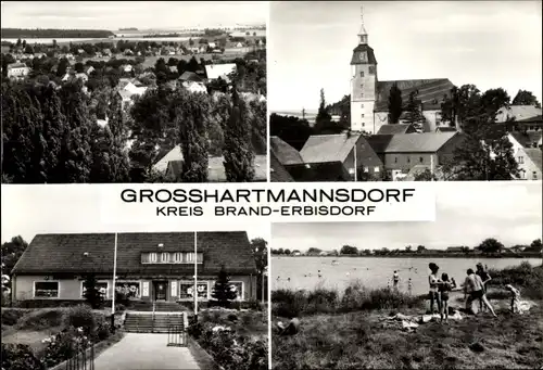 Ak Großhartmannsdorf im Erzgebirge, Ortsansicht, Badestelle, Kirche