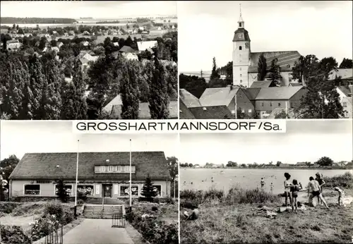 Ak Großhartmannsdorf im Erzgebirge, Ortsansicht, Badestelle, Kirche