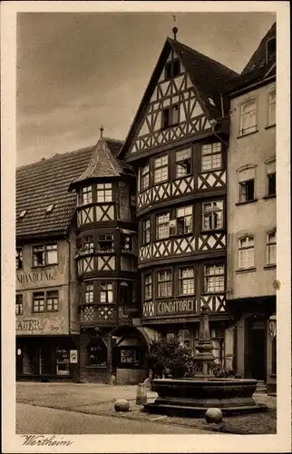 Ak Wertheim am Main, Marktplatz, Konditorei Wilhelm Hahn, Brunnen