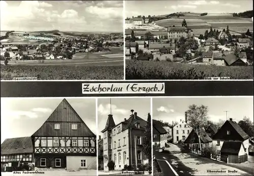 Ak Zschorlau im Erzgebirge, Altes Fachwerkhaus, Eibenstocker Straße, Rathaus, Gesamtansicht