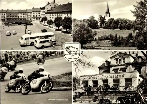 Ak Schleiz in Thüringen, Neumarkt, Wappen, Hotel Luginsland Heinrichsruh, Schleizer Dreieckrennen