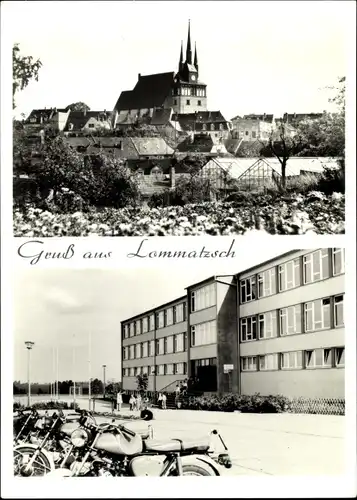 Ak Lommatzsch in Sachsen, Panorama mit Kirche, Gebäude, Motorräder