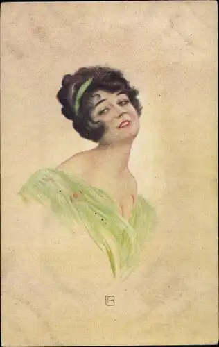 Künstler Ak Portrait einer brünetten Frau in grünem Kleid