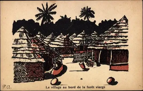 Künstler Ak Le village au bord de la foret vierge, Strohhütten, Exposition Coloniale 1931