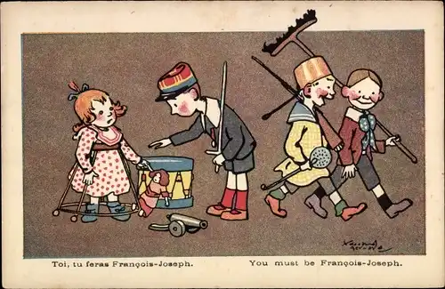 Künstler Ak Kinder spielen Soldaten, Mädchen im Laufstall, Patriotik Frankreich