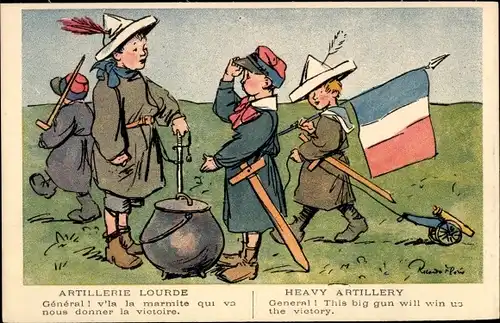 Künstler Ak Kinder spielen Soldaten, Kochtopf, Fahne, Patriotik Frankreich