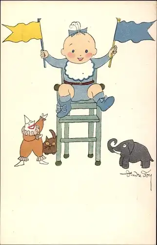 Künstler Ak Foy, Andre, Kleinkind mit Wimpeln, Stofftiere, Puppe