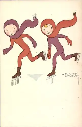Künstler Ak Foy, Andre, Zwei Kinder mit Schlittschuhen beim Eislaufen