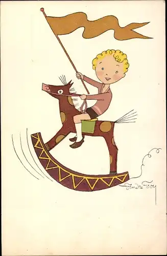 Künstler Ak Foy, Andre, Junge auf einem Schaukelpferd