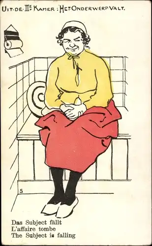 Künstler Ak Niederlande, Frau geht auf die Toilette, Uit de IIe Kamer, Het Onderwerp Valt