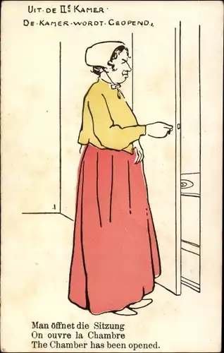 Künstler Ak Niederlande, Frau geht auf die Toilette, Uit de IIe Kamer, De Kamer wordt Geopend