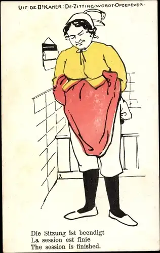 Künstler Ak Niederlande, Frau geht auf die Toilette, Uit de IIe Kamer, De Zitting wordt Opgeneven