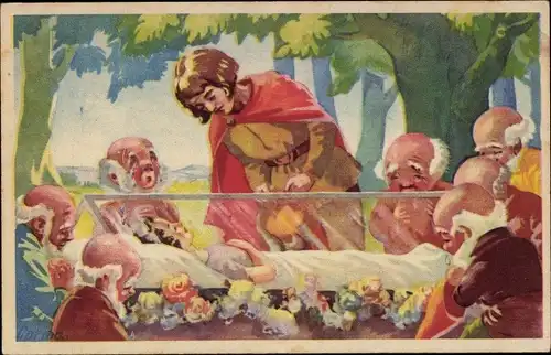 Künstler Ak Corina, Märchen, Gebrüder Grimm, Schneewittchen, Prinz am Glassarg, Zwerge