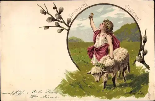 Künstler Litho Mailick, Glückwunsch Ostern, Kind mit Lamm, Weidenkätzchen