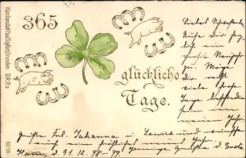 Präge Ak Glückwunsch Neujahr, Kleeblatt, Schweine, Hufeisen