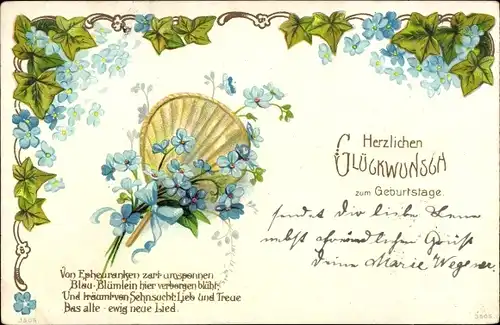Präge Litho Glückwunsch Geburtstag, Fächer, Vergissmeinnicht, Efeu