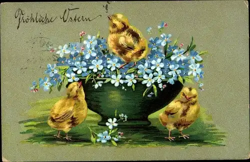 Ak Glückwunsch Ostern, Küken, Schale mit Vergissmeinnicht