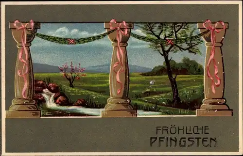 Litho Glückwunsch Pfingsten, Frühlingslandschaft, Säulen
