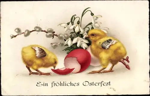 Ak Glückwunsch Ostern, Küken, Eierschale, Weidenkätzchen, Schneeglöckchen