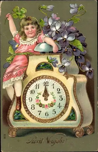 Präge Litho Glückwunsch Neujahr, Uhr, Mädchen, Veilchen, Kleeblätter