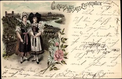 Litho Gruß aus Elsass Lothringen, zwei Frauen in Volkstrachten