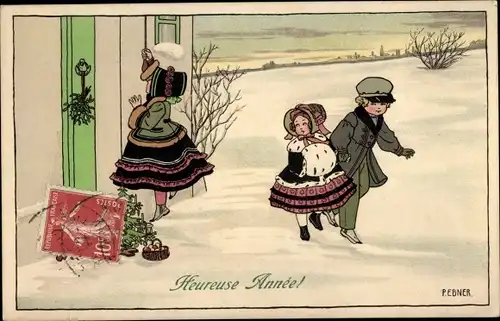 Künstler Ak Ebner, Pauli, Glückwunsch Neujahr, Mädchen läutet an der Tür, Mistelzweige
