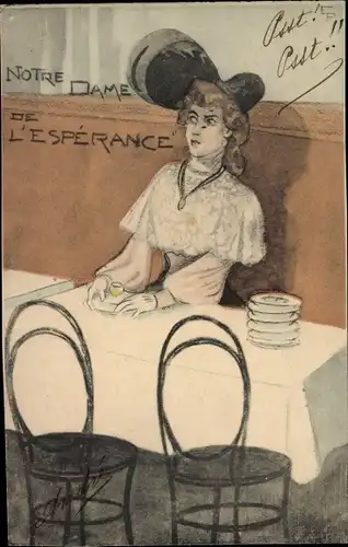 Künstler Ak Notre Dame de l'Esperance, Frau in einem Cafe