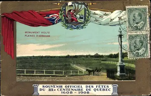 Wappen Ak Québec Kanada, Monument Wolfe, Plaines d'Abraham, Ter-Centenary Celebration