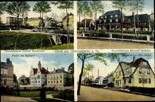Ak Oberlungwitz in Sachsen, Partie am Rathaus, Geschäftshaus Richard Spindler, Strumpffabrik