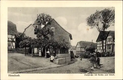 Ak Hönebach Wildeck in Hessen, Dorfstraße mit Kirche und Schule