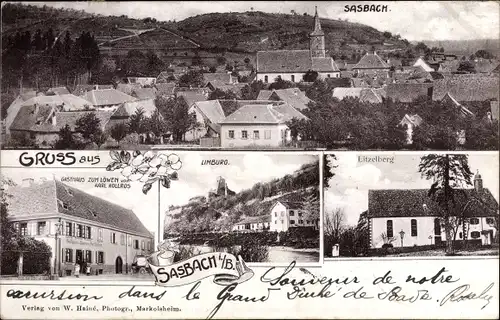 Ak Sasbach am Kaiserstuhl, Gasthaus zum Löwen, Litzelberg, Ruine Limburg, Totalansicht