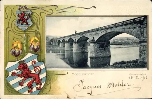 Präge Wappen Ak Grevenmacher Luxemburg, Moselbrücke