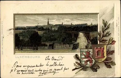 Präge Wappen Litho Luxemburg, Stadtansicht, Pferdestraßenbahn