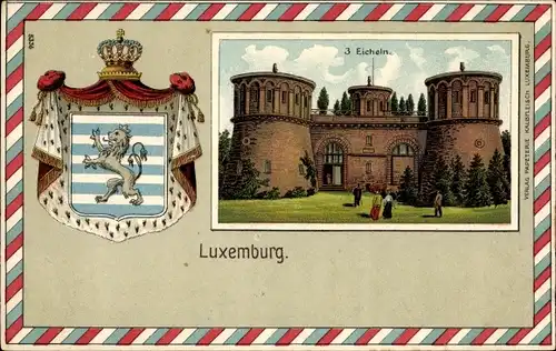 Präge Wappen Passepartout Litho Luxemburg, 3 Eicheln, Türme, Festung