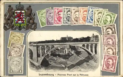 Präge Briefmarken Wappen Ak Luxemburg, Nouveau Pont sur la Petrusse