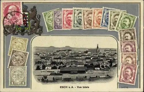 Präge Briefmarken Wappen Ak Esch sur Alzette Luxemburg, Totalansicht mit Bahnhof, Gleisseite