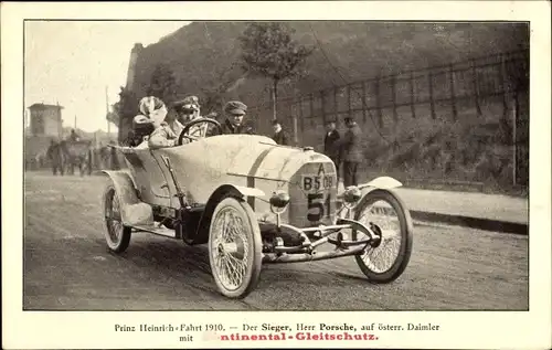 Ak Reklame, Continental Gleitschutz, Prinz Heinrich Fahrt 1910, Sieger, Herr Porsche auf Daimler