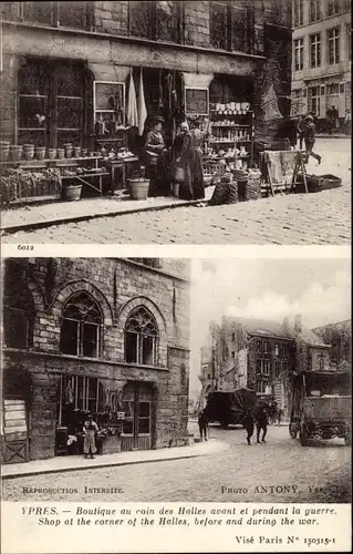 Ak Ypres Westflandern, Boutique au coin des Halles avant et pendant la guerre, I. WK