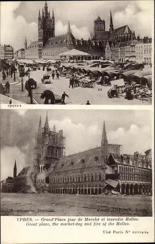 Ak Ypres Ypern Flandern, Grand Place jour de Marché et incendie Halles