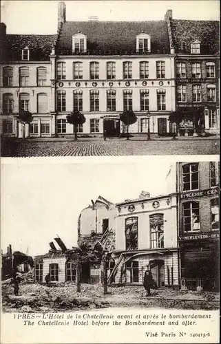 Ak Ypres Westflandern, L'hôtel de la Chatellenie avant et après le bombardement