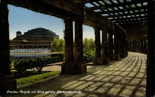 Ak Breslau Wrocław in Schlesien, Pergola mit Blick auf die Jahrhunderthalle