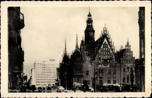 Ak Breslau Wrocław in Schlesien, Ring mit Rathaus und Hochhaus
