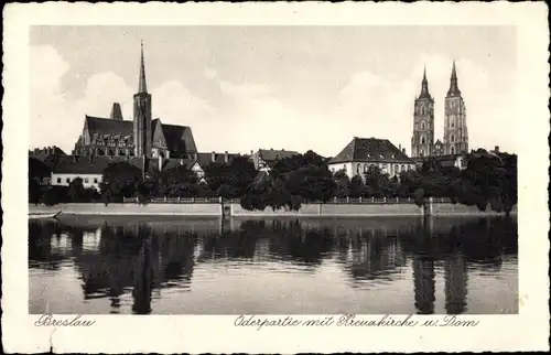 Ak Breslau Wrocław in Schlesien, Oderpartie mit Kreuzkirche und Dom