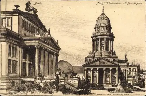 Künstler Ak Berlin Mitte, Gendarmenmarkt, Kgl. Schauspielhaus, Französ. Dom