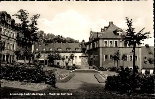 Ak Annaberg Buchholz Erzgebirge, Markt in Buchholz, Denkmal