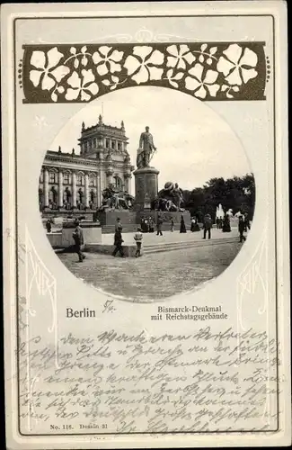 Passepartout Ak Berlin Tiergarten, Bismarck-Denkmal mit Reichstagsgebäude