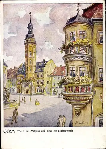 Künstler Ak Gera in Thüringen, Markt mit Rathaus, Erker der Stadtapotheke